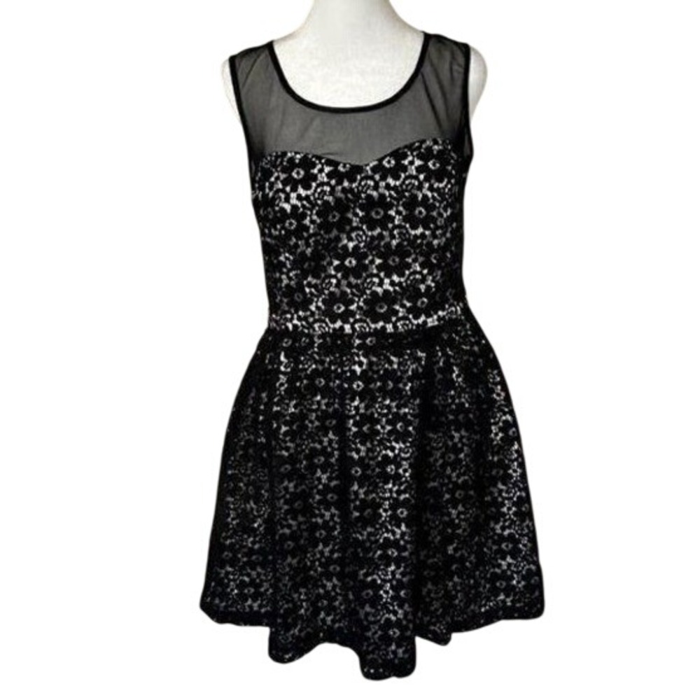 Inspire Me Fit and Flare Dress Women 10 Black Floral Lace Mesh Open Back Party